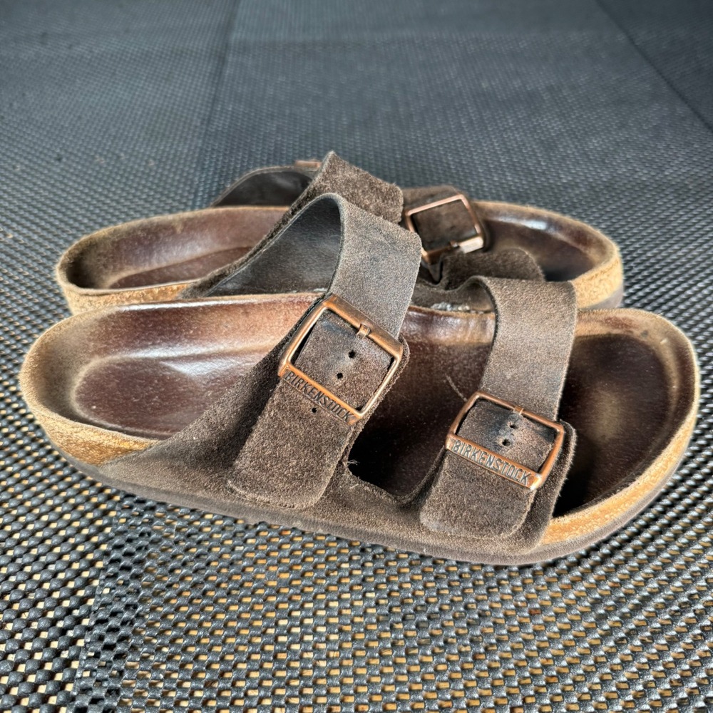 Birkenstock Arizona Sandals Women 39 Brown Suede Double Strap Buckle Cork Bottom - Picture 3 of 6